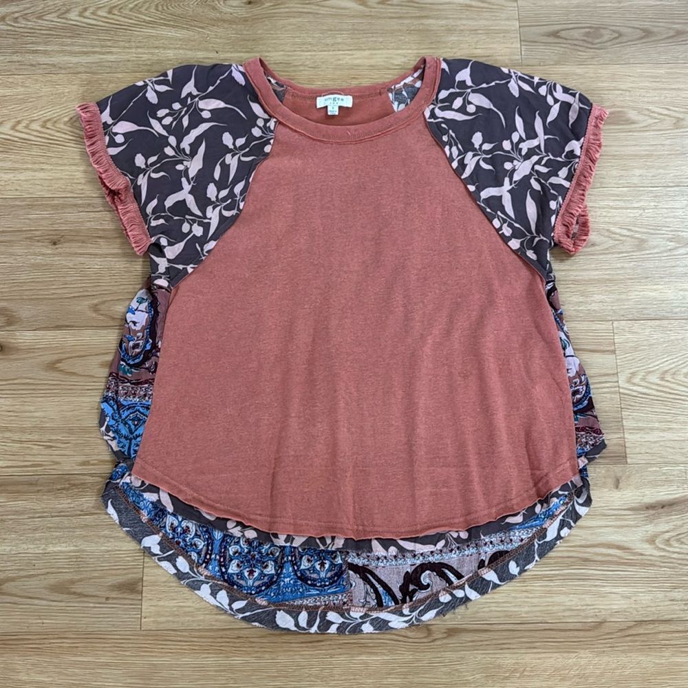 Umgee Womens Short Sleeve Fringe Arm Blouse Small Burnt Orange Burn Out Boho
